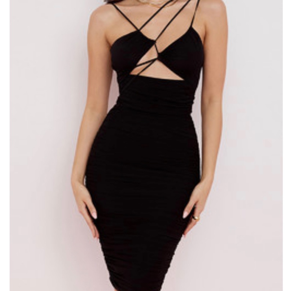 House of CB, MEENA' BLACK MESH CUTOUT MIDI DRESS